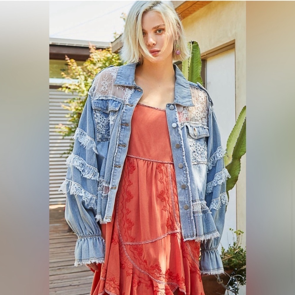 NWOT POL Lace Ruffle Trim Denim Shacket Size Small - Picture 7 of 16